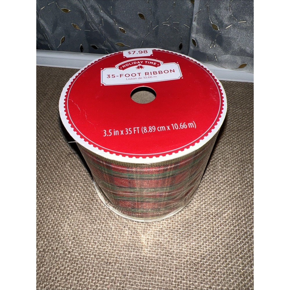 Holiday Time Christmas Ribbon Red Green Gold Plaid Wire Edged 3.5 in x 35 ft